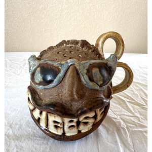 Handmade Pottery Folk Art Ugly Face Jug Big Toothy Smile CHEESE Signed